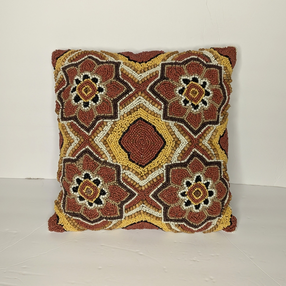 Vintage Pier 1 Fully Beaded Geo Patterned Small Accent Pillow NWOT 12" X 12"